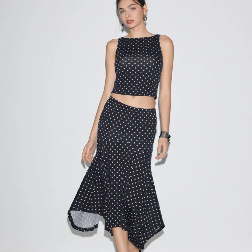 NWT Cider Blue White Boat Neck Polka Dot Top & Ruffle Hem Mid Rise Skirt Set XS
